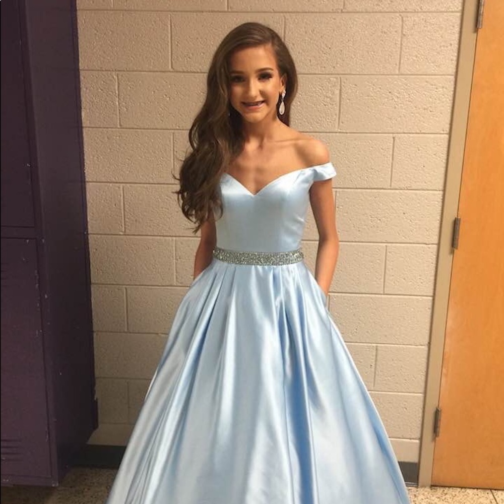 Sherri Hill Light Blue Off-Shoulder Prom Dress